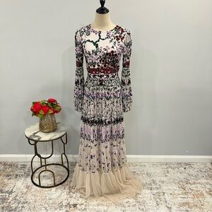 Mac Duggal Beige Multicolor Floral Embroidered Long Sleeves Maxi Evening Gown